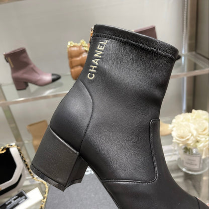 CC 26s Cap-Toe Block-Heel Ankle Boots 5cm Black Leather 966881