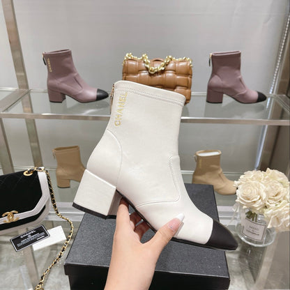 CC 26s Cap-Toe Block-Heel Ankle Boots 5cm White Black Leather 966883