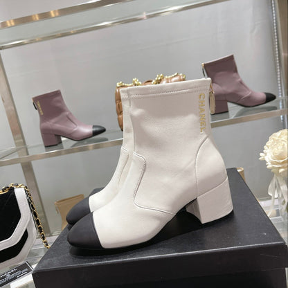 CC 26s Cap-Toe Block-Heel Ankle Boots 5cm White Black Leather 966883