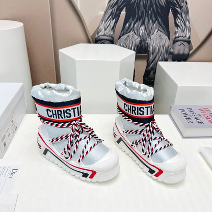 CD Snow Ankle Boots White Red Cowhide Nylon Fabric 539661