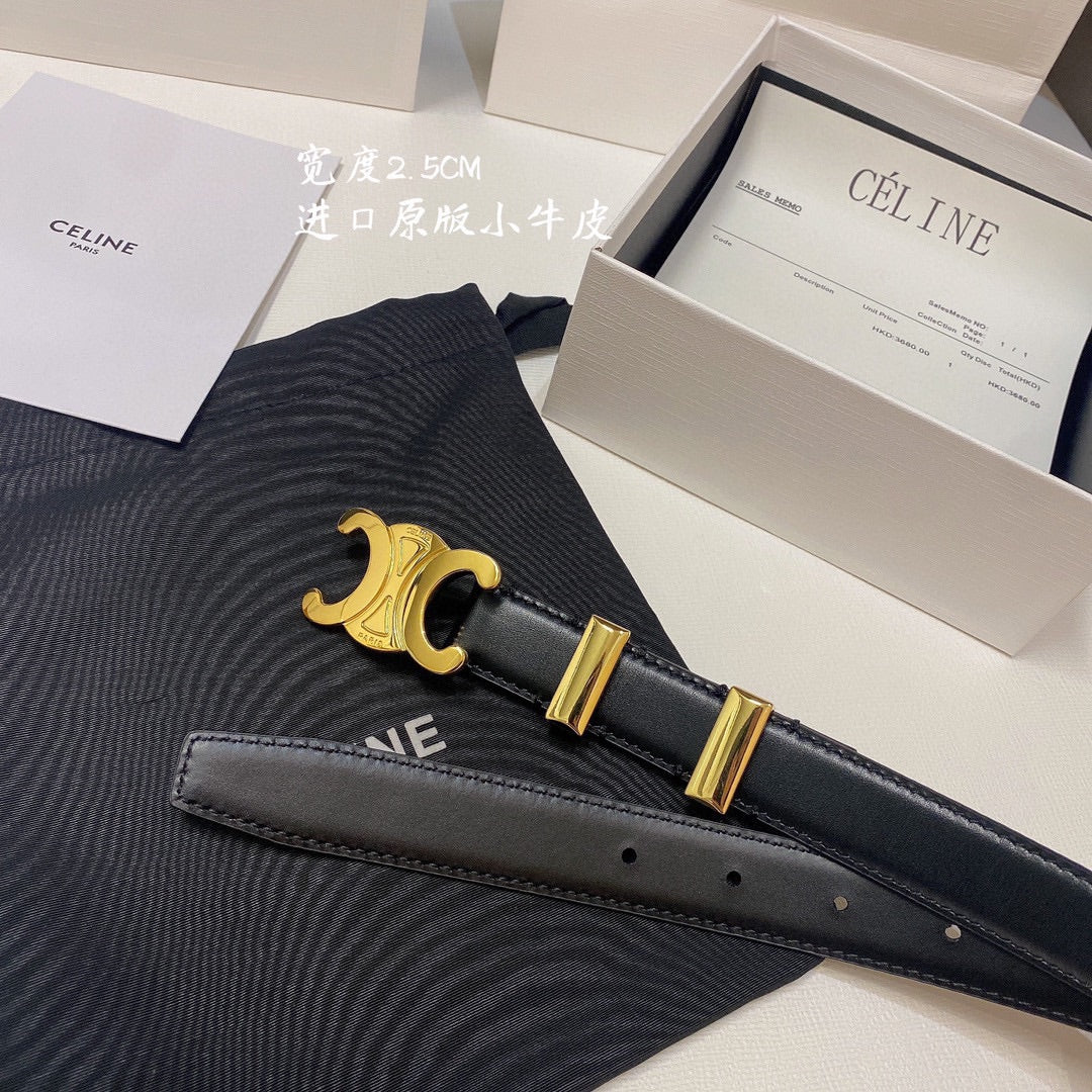 CL MEDIUM 25MM TRIOMPHE BELT IN BLACK CALFSKIN GOLD HARDWARE