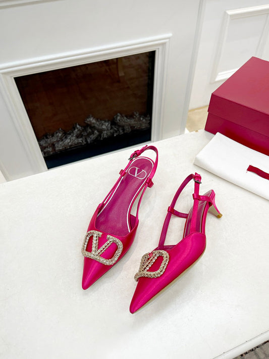 Valentino 25 Vlogo Signature Slingback Pumps Hot Pink Pastel Silk 239502