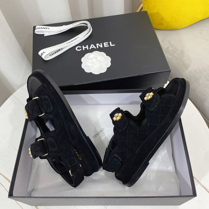 Chanel 26s Sandals Black Suede Pearl Camellia Embellishment