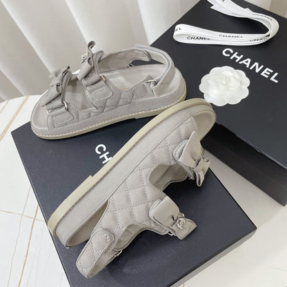 Chanel 26s Sandals Grey Fabric Bow Embellishment