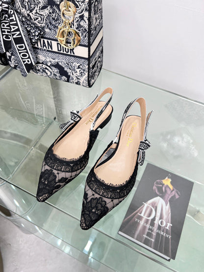 cd slingback flat transparent mesh embroidered black flower moitf