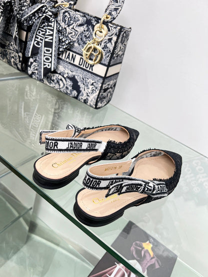 cd slingback flat transparent mesh embroidered black flower moitf