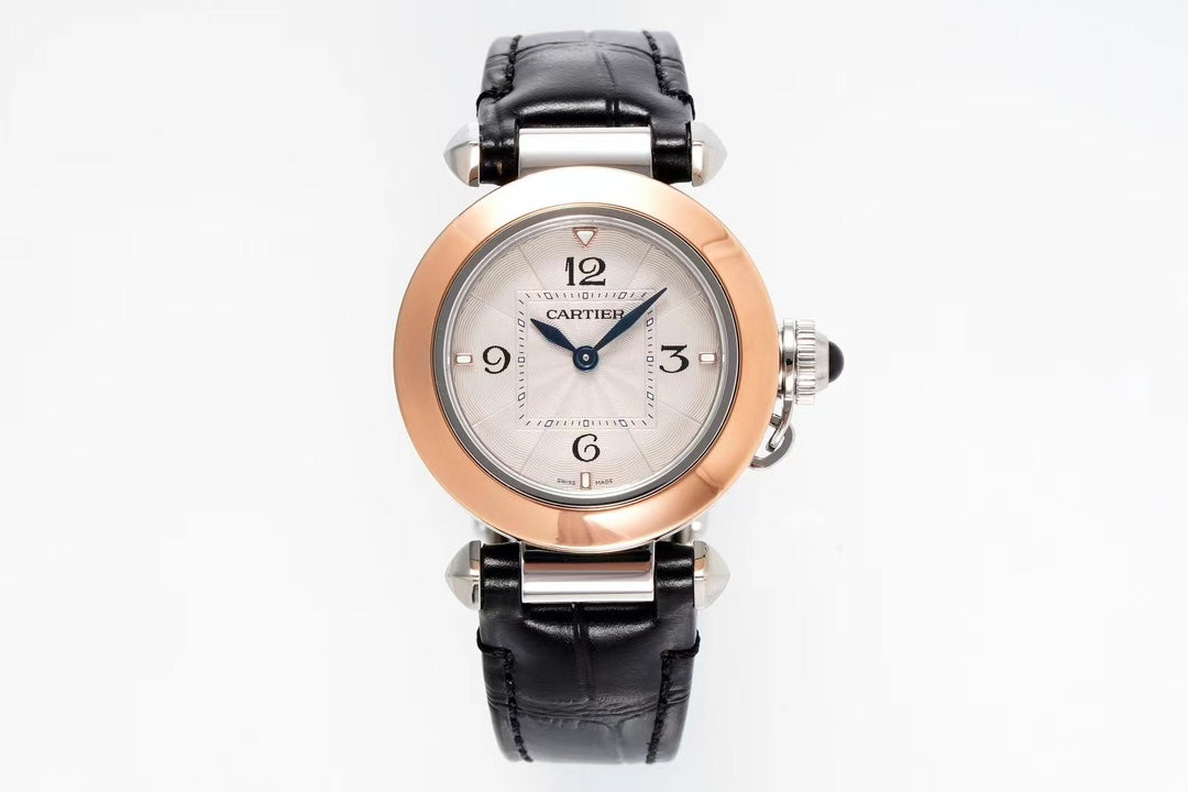 pasha 30mm quartz pink gold white dial black leather