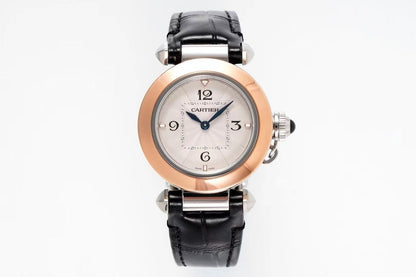 pasha 30mm quartz pink gold white dial black leather