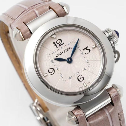 pasha 30mm quartz stainless steel pink dial light brown leather