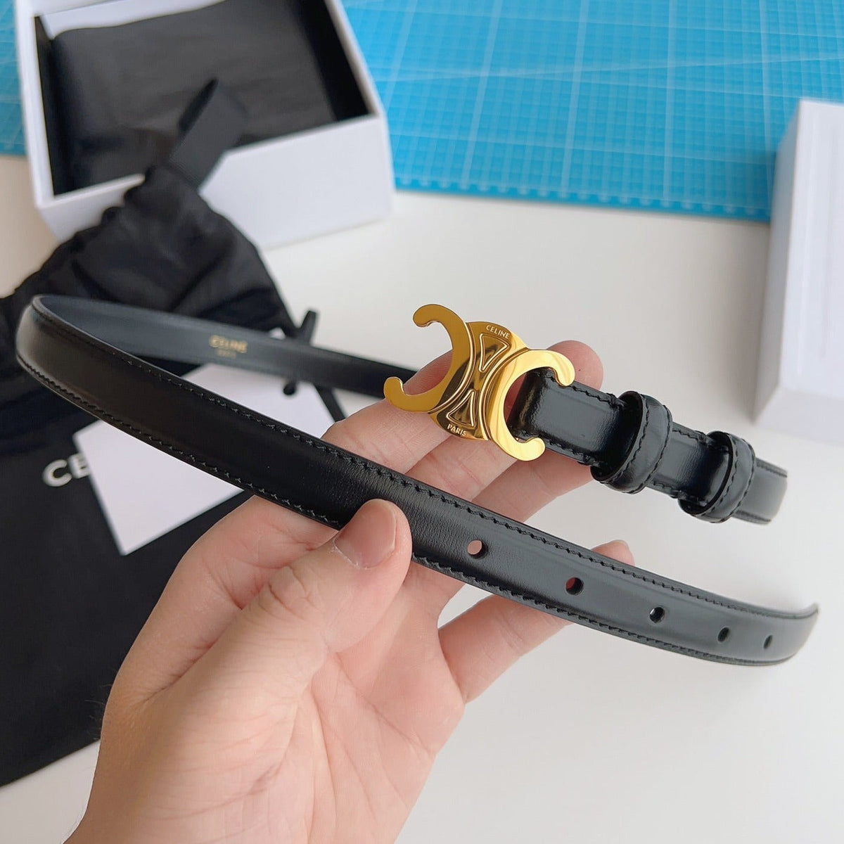 Triomphe Belt 18mm Black Calfskin Gold Buckle