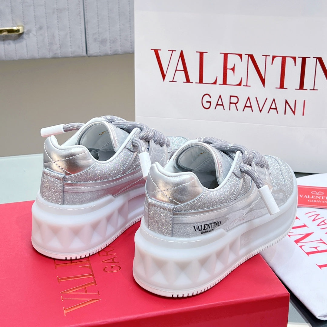 VT 2025 Garavani Sneakers Silver Leather Glitter Fabric 546991