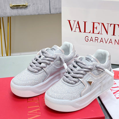 VT 2025 Garavani Sneakers Silver Leather Glitter Fabric 546991