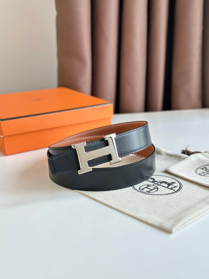 HM Silver H Buckle & Reversible 32mm Belt Brown mix Black leather 124655