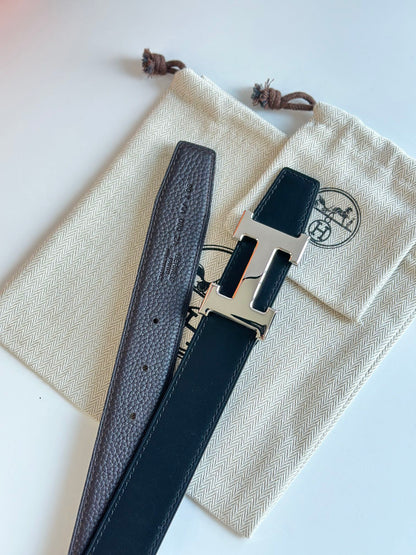 HM Silver H Buckle & Reversible 32mm Belt Black Ebony leather 124644