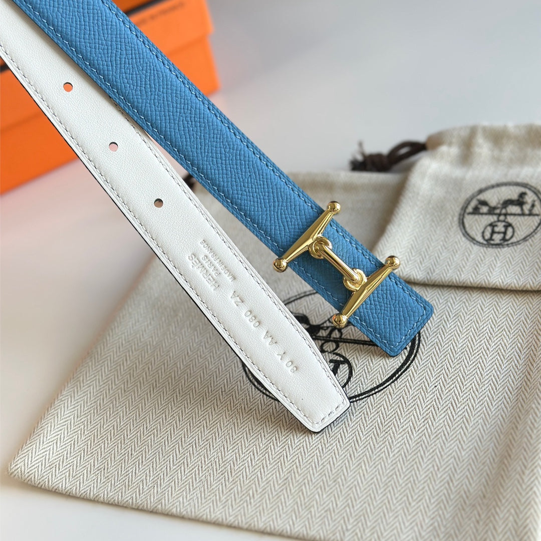 HM Gold Mors H buckle & Reversible 24 mm belt Blue White leather 125359