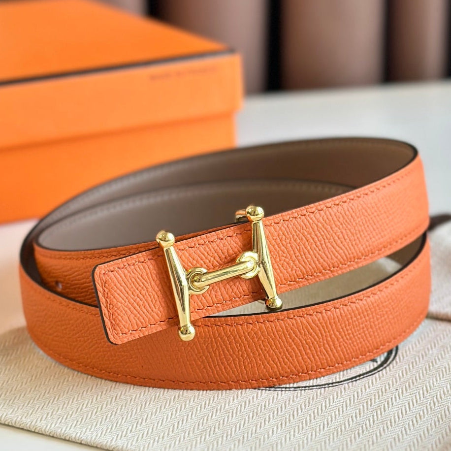 HM Gold Mors H buckle & Reversible 24 mm belt Orange Beige Leather 125355