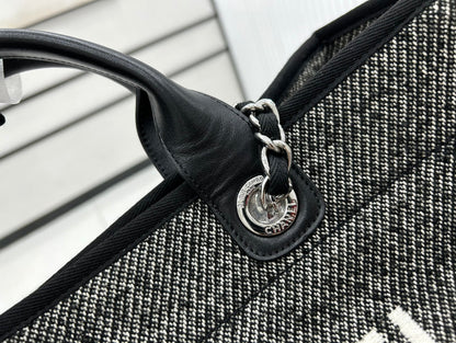 CC Deauville Tweed Bag Black Leather Silver Hardware 14