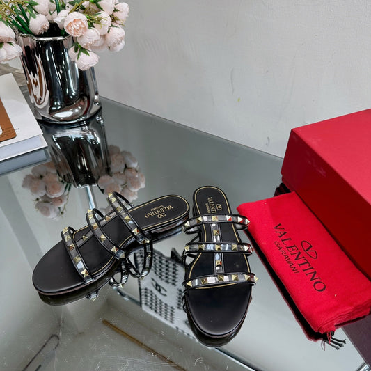 VT 25 Rockstud Flat Sandals Black PVC Sheepskin