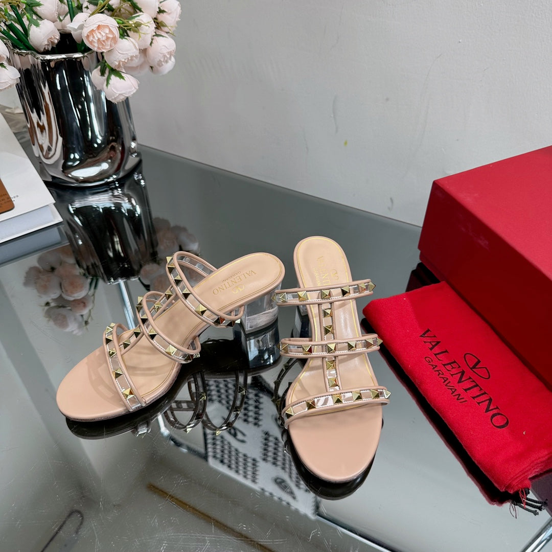 VT 25 Rockstud Sandals 65mm Beige PVC Sheepskin
