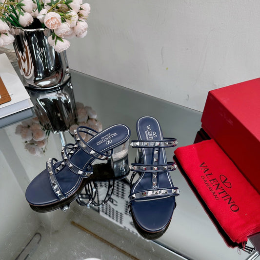 VT 25 Rockstud Sandals 65mm Navy Blue PVC Sheepskin