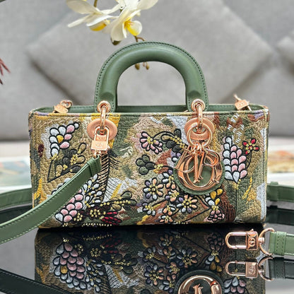 Dior 2026 Embroidered Floral Bag 26cm Green Mix Colors Fabric Leather 158565