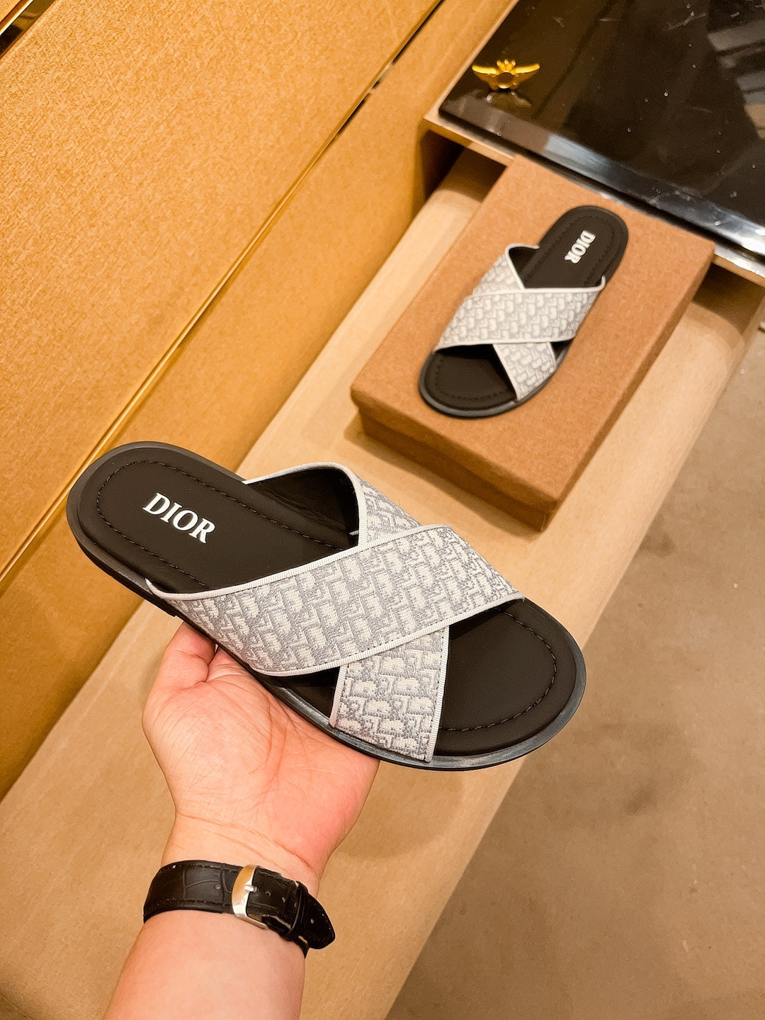 CD Alias Men’s Sandals Black White Oblique Jacquard Cotton Calfskin 920441