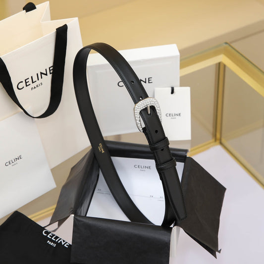 CL MEDIUM 25 MM MARCO BELT WITH STRASS IN BLACK CALFSKIN SILVER HARDWARE