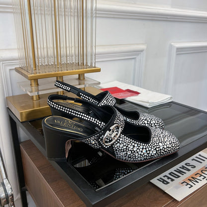 MARY-JANE VLOGO LOCKER SLINGBACK PUMPS BLACK SHEEPSKIN WITH 60MM CRYSTALS
