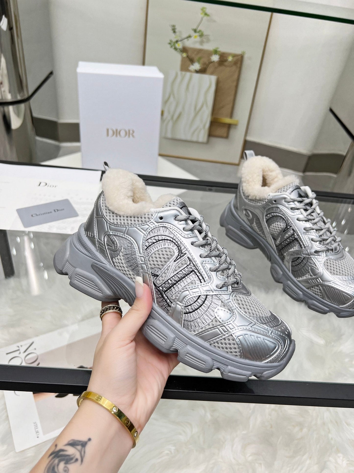 CD Chrono Sneaker Grey Wool Lining Mesh Fabric And Calfskin
