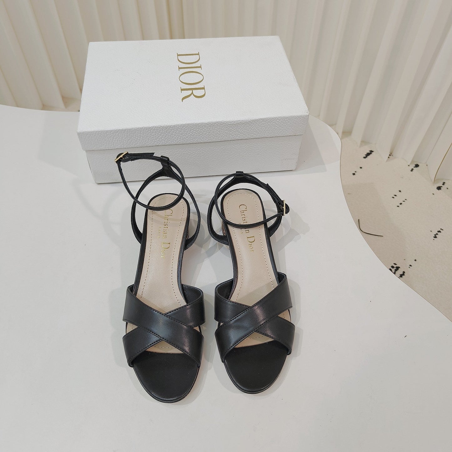 CD 26s Criss-Cross Strap Sandals 4cm Black Leather 927497