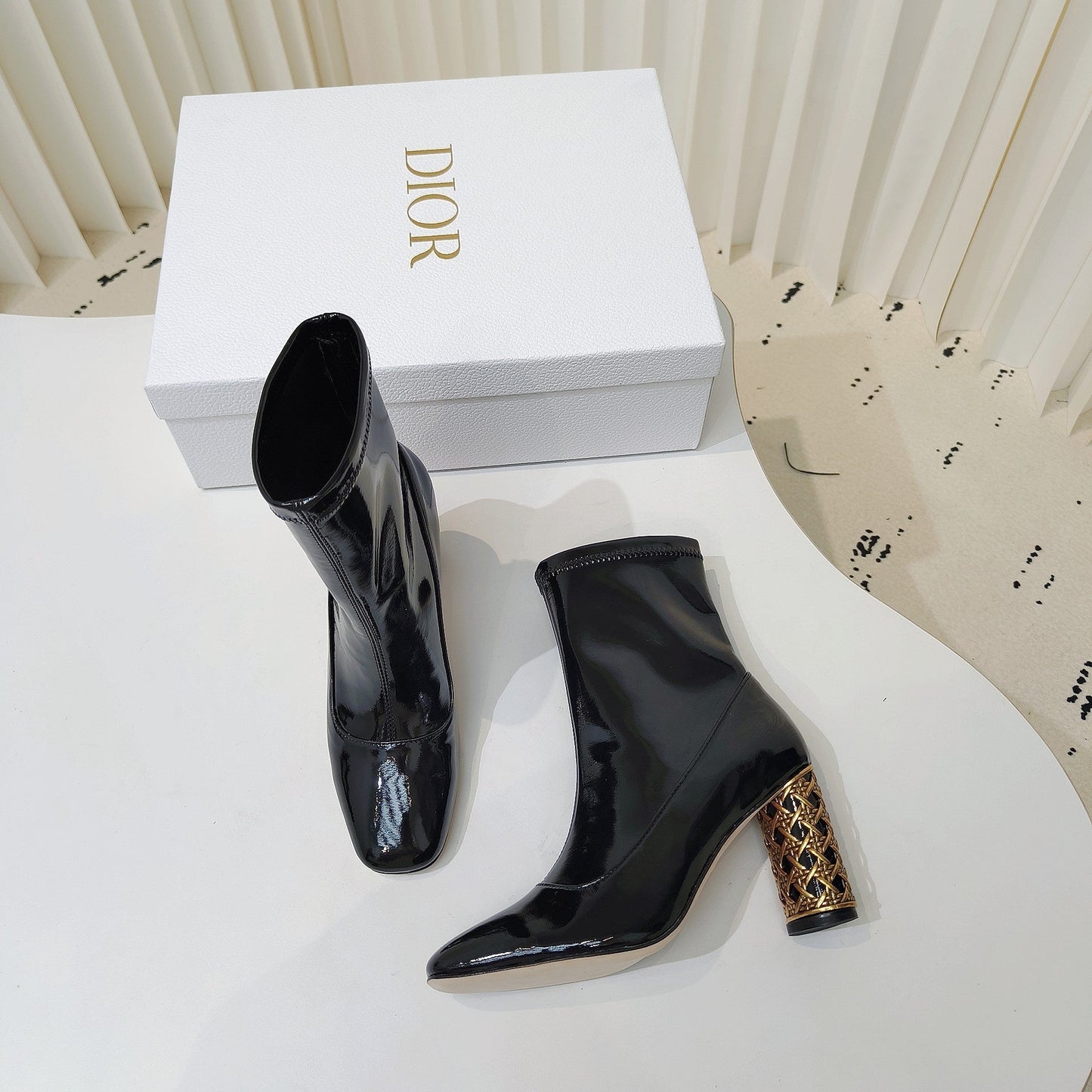 CD Icon Heeled Ankle Boot 80mm In Glossy Black Cowhide 111384