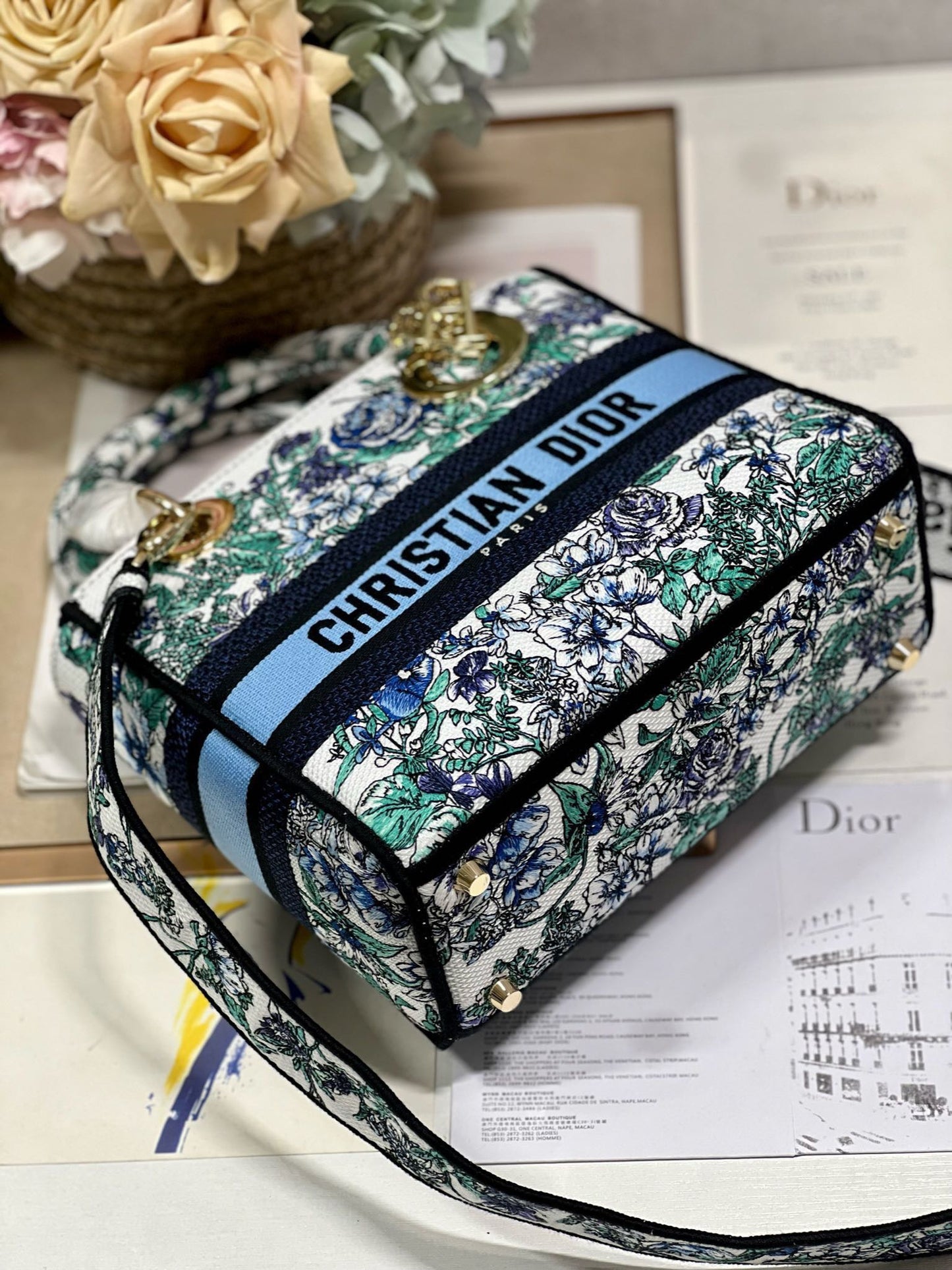 CD Butterfly Love Flower Blue 24 Lady Dior Bag Canvas 336667
