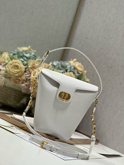 CD Montaigne Large Chain Bucket Bag White Calfskin 336797