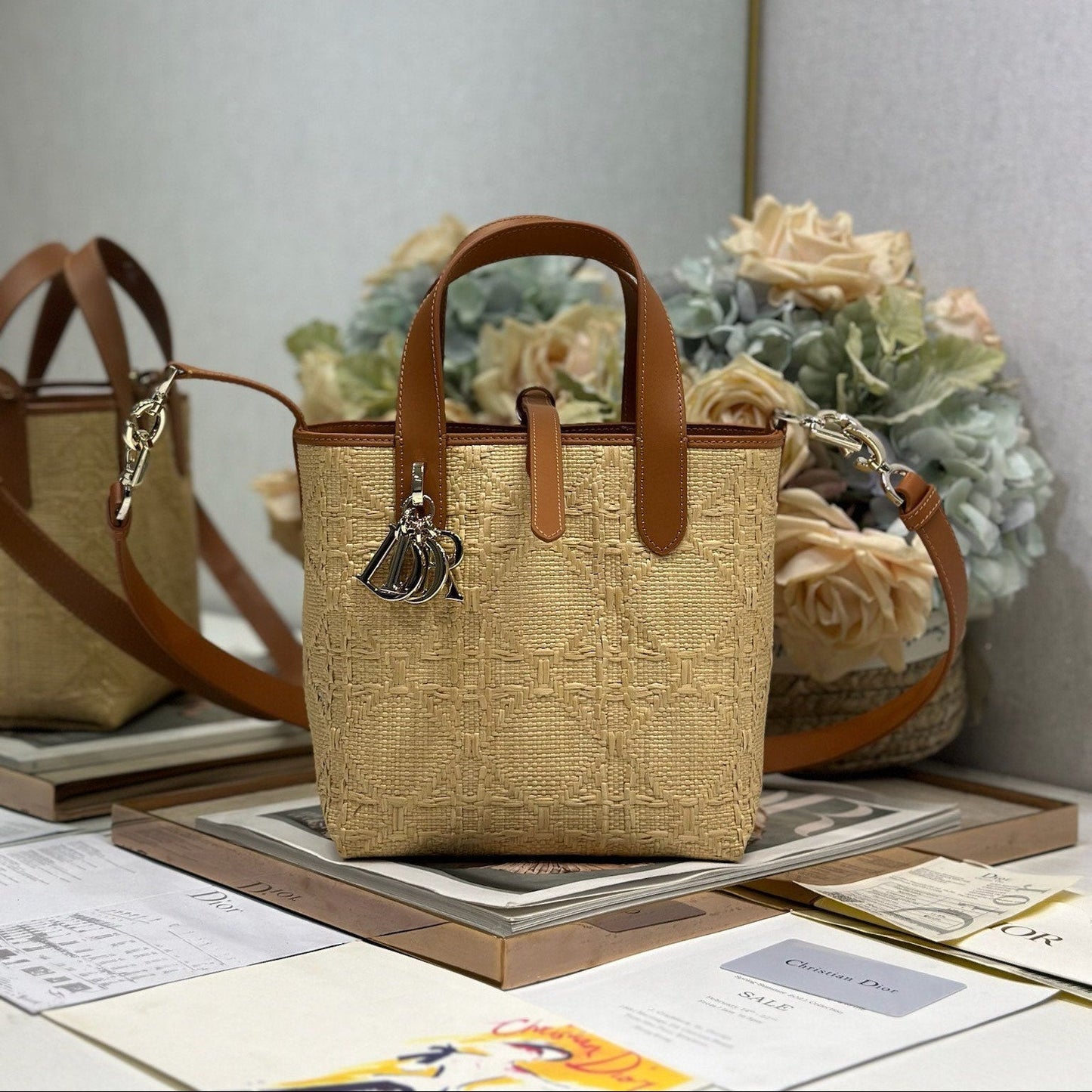 CD Small Toujours Vertical Tote Bag 18.5cm Natural Cannage Raffia 288649