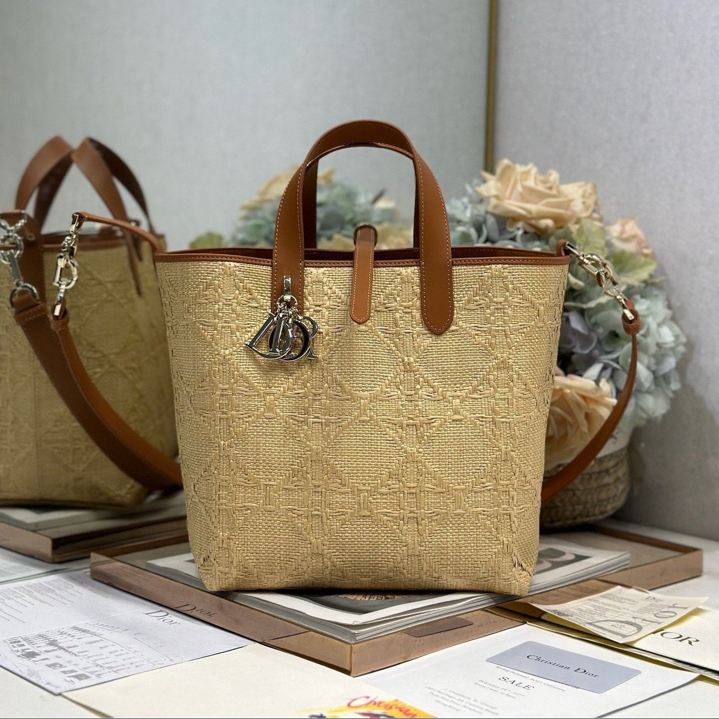 CD Medium Toujours Vertical Tote Bag 23cm Natural Cannage Raffia 288651