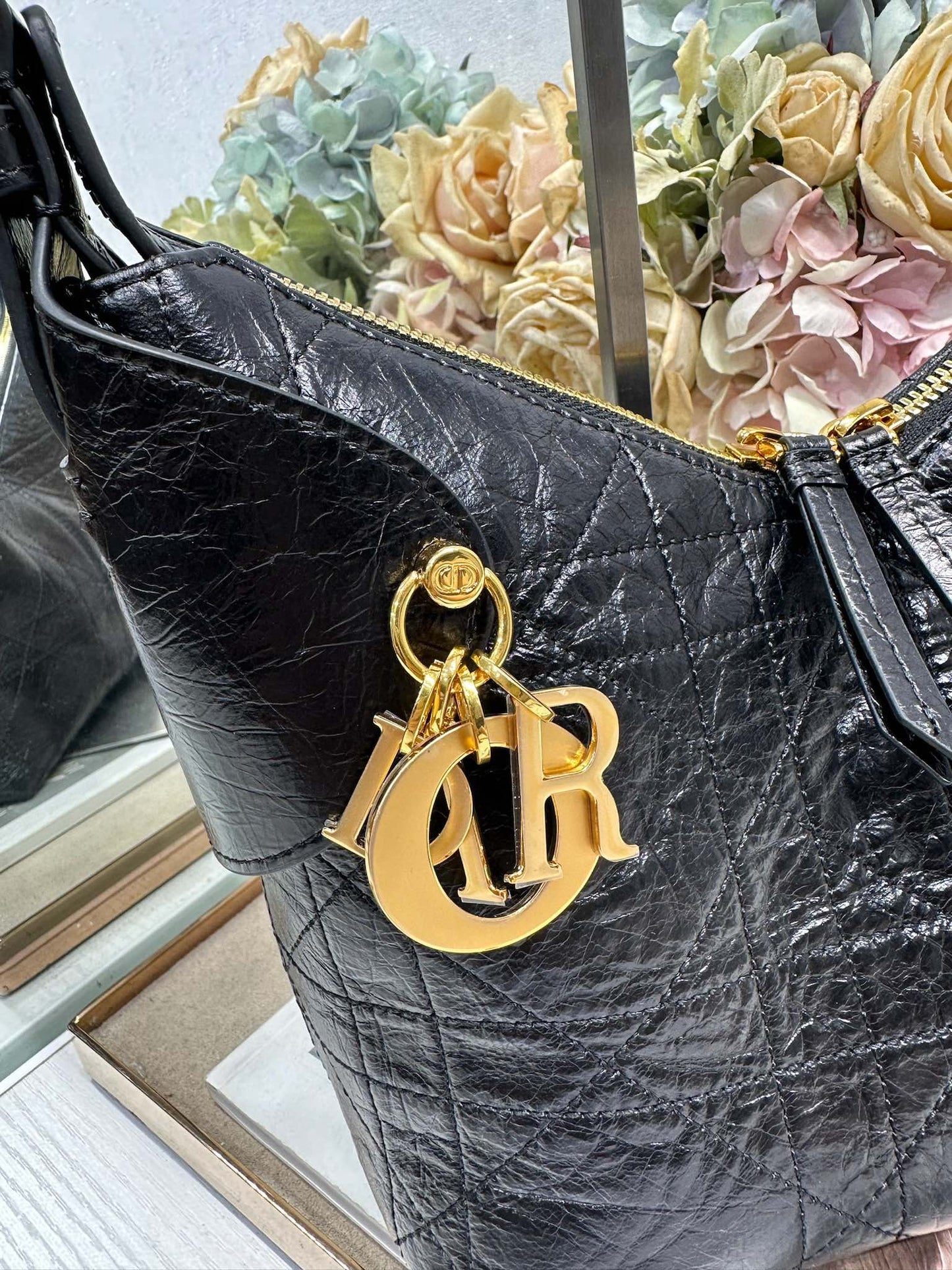 CD Small Dior Voyage Bag 22cm Black Glossy Macrocannage Calfskin 288624