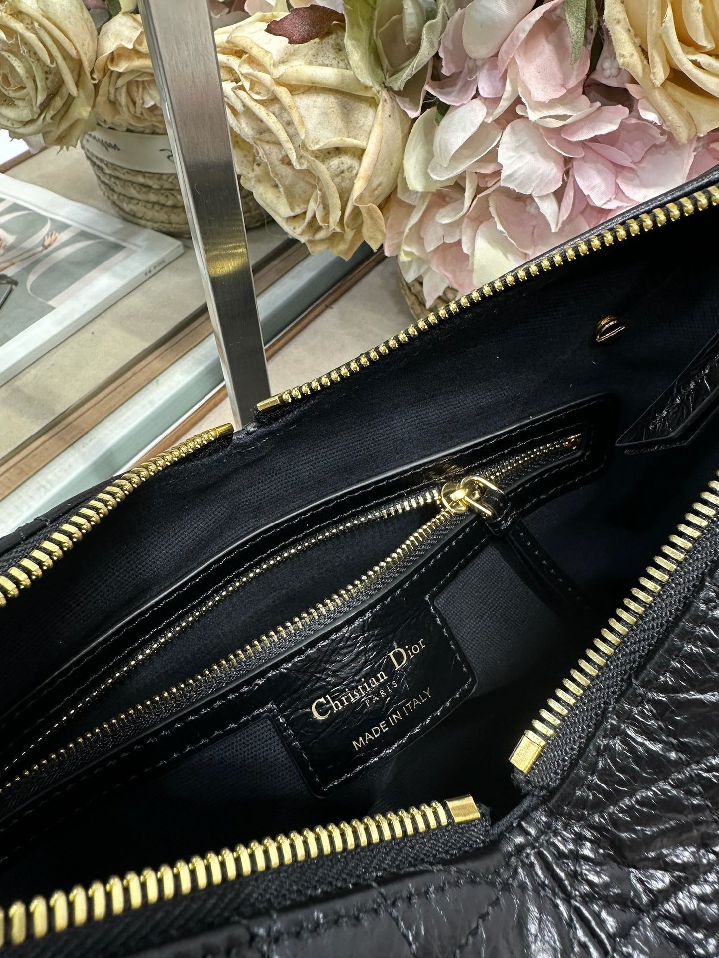 CD Small Dior Voyage Bag 22cm Black Glossy Macrocannage Calfskin 288624