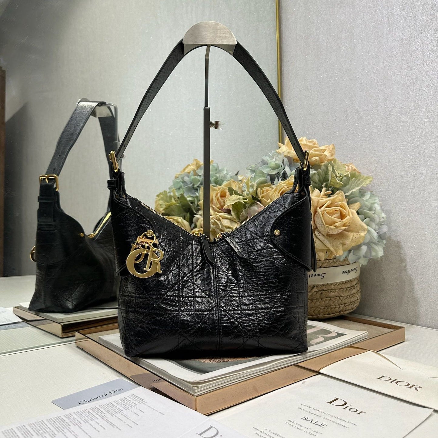 CD Small Dior Voyage Bag 22cm Black Glossy Macrocannage Calfskin 288624