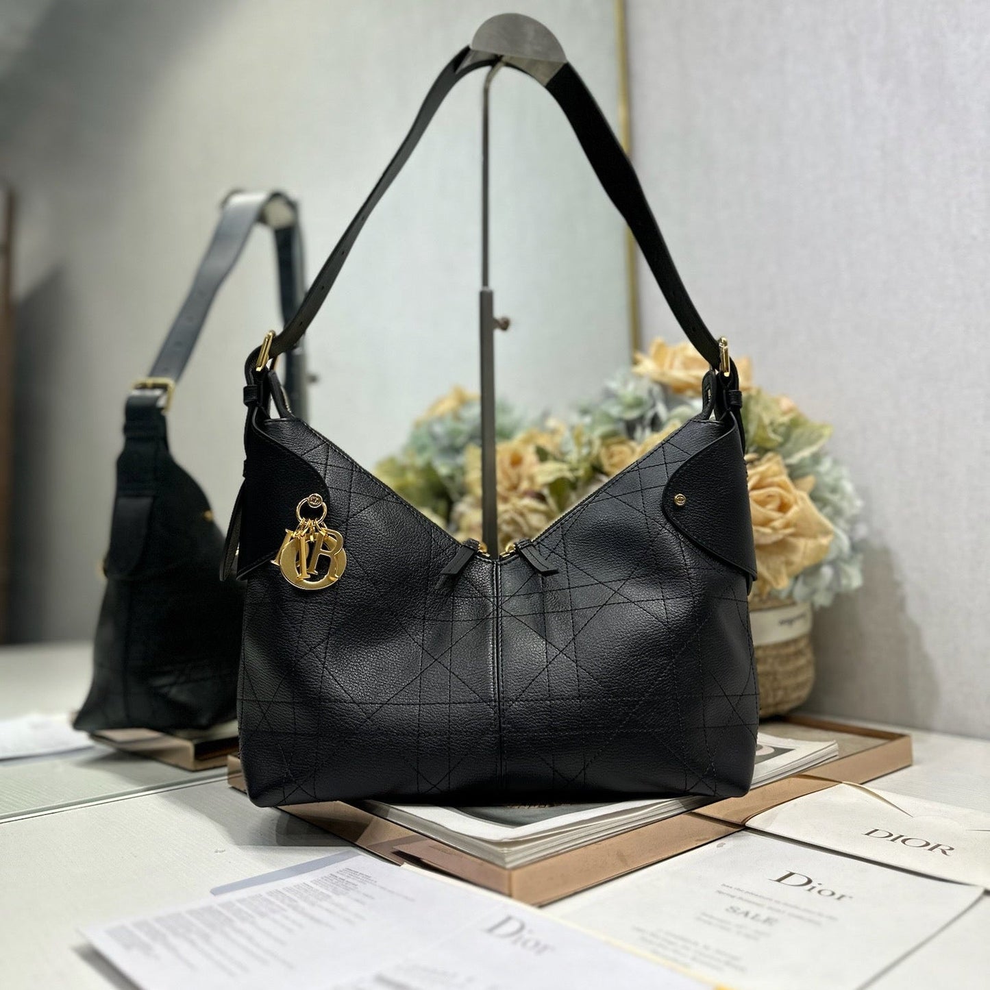 CD Medium Dior Voyage Bag 28cm Black Macrocannage Calfskin 288628