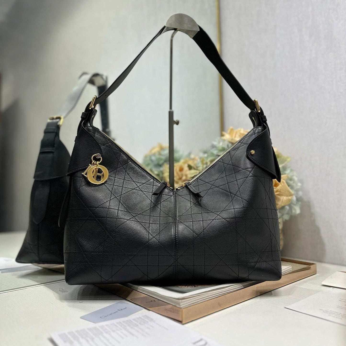 CD Large Dior Voyage Bag 34cm Black Macrocannage Calfskin 288638