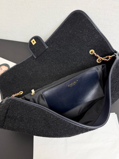 Chanel 2025 Maxi Flap Bag With Top Handle 56cm Black Wool Leather