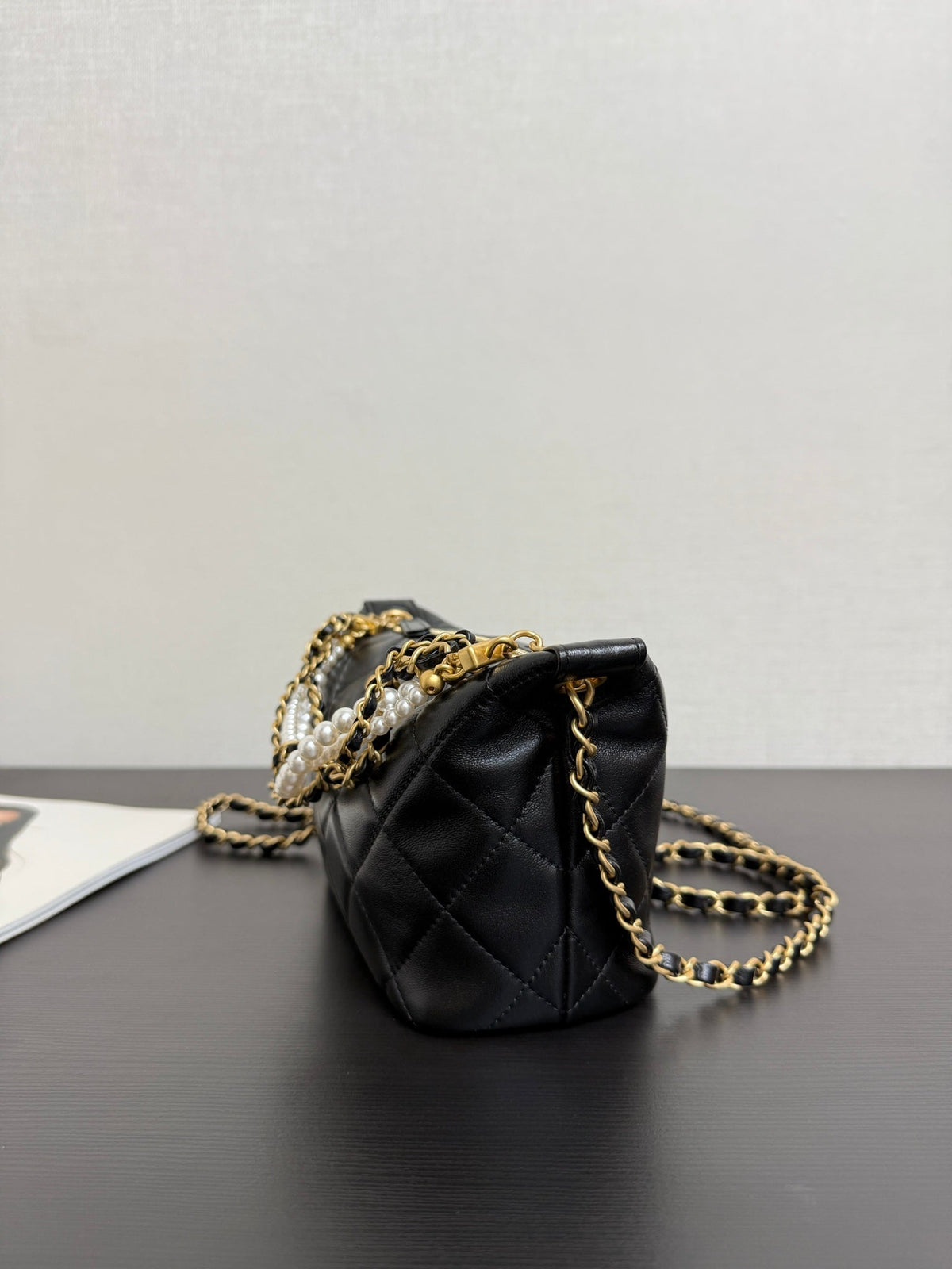 Chanel 2026 Matelassé Pearl Chain Bag Black Lambskin
