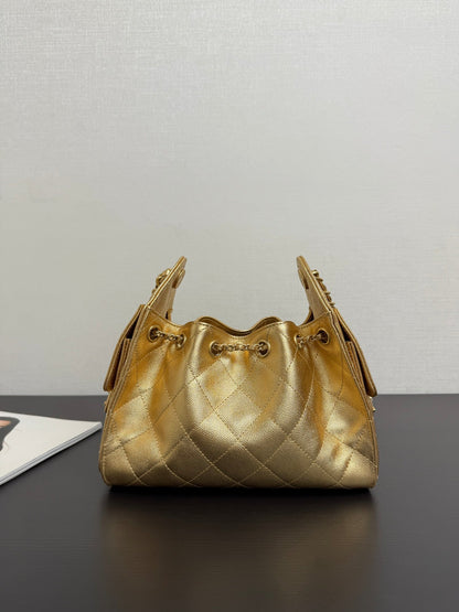 Chanel 2026 Hobo Bag 22cm Gold Grained Calfskin