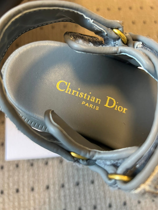 CD 26 Flats Sandals Gray Blue Sheepskin Embroidered Fabric 621800