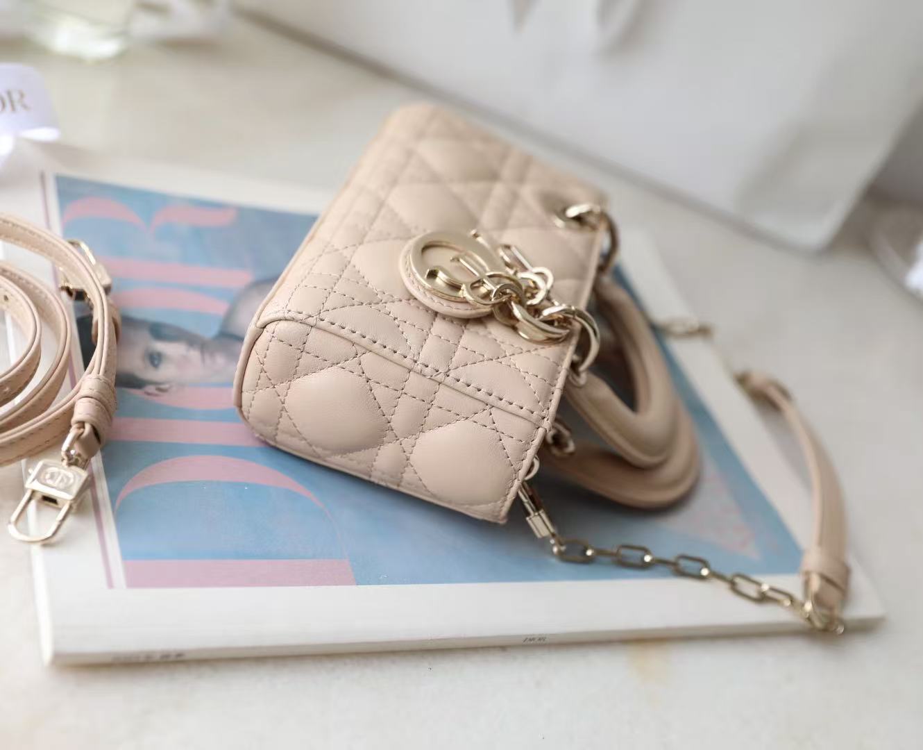 Small Lady D-Joy Bag Beige Sheepskin