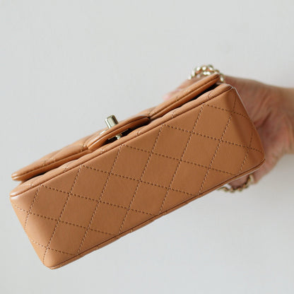 Mini Flap Bag With Top Handle 20cm Brown Lambskin Light Gold Hardware