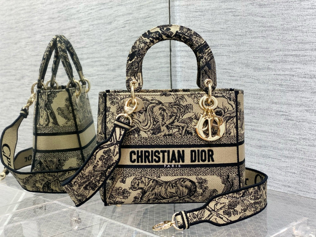 CD 24 Women Mini Lady D-lite Bag Brown Toile de Jouy Embroidery