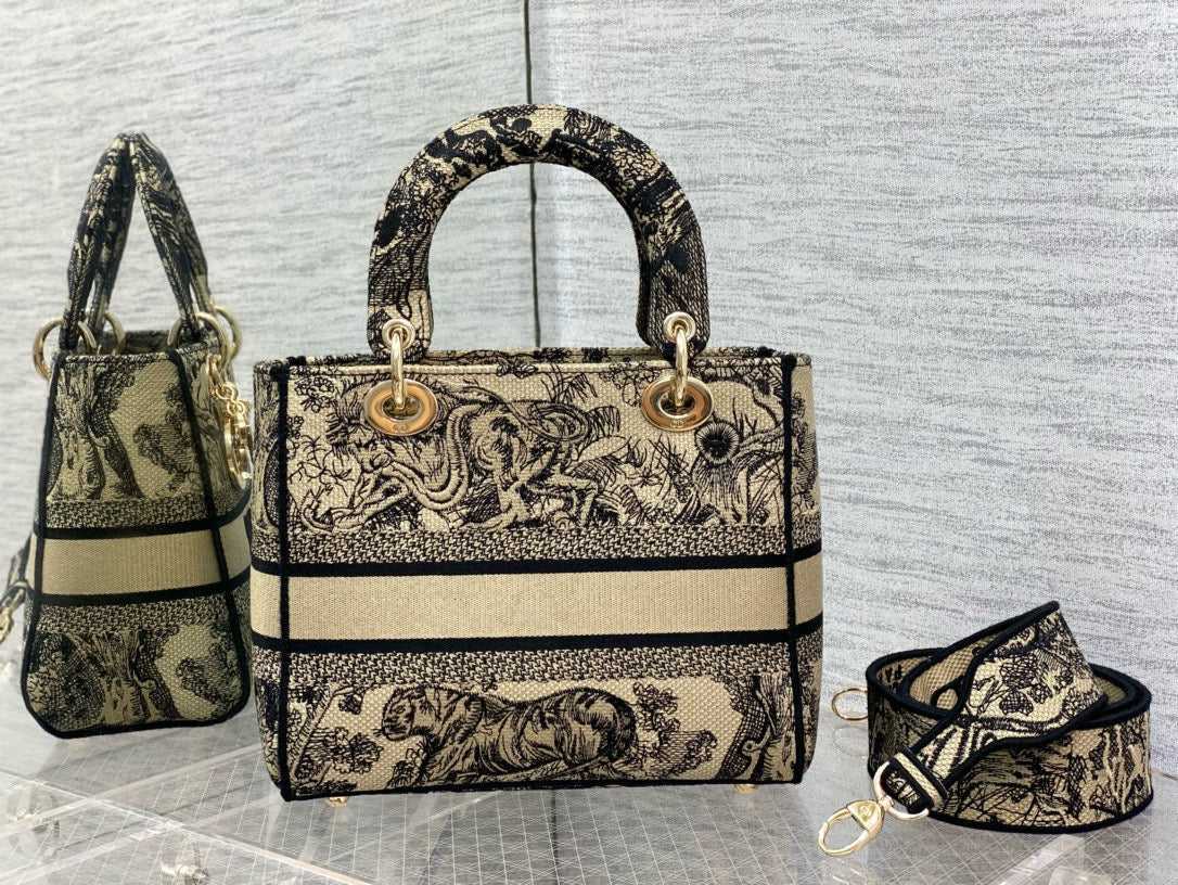 CD 24 Women Mini Lady D-lite Bag Brown Toile de Jouy Embroidery