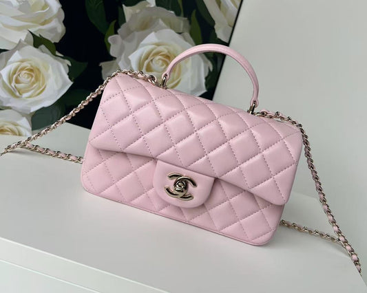 Chanel Mini Flap Bag Pink With Top Handle Lambskin Light Gold Hardware