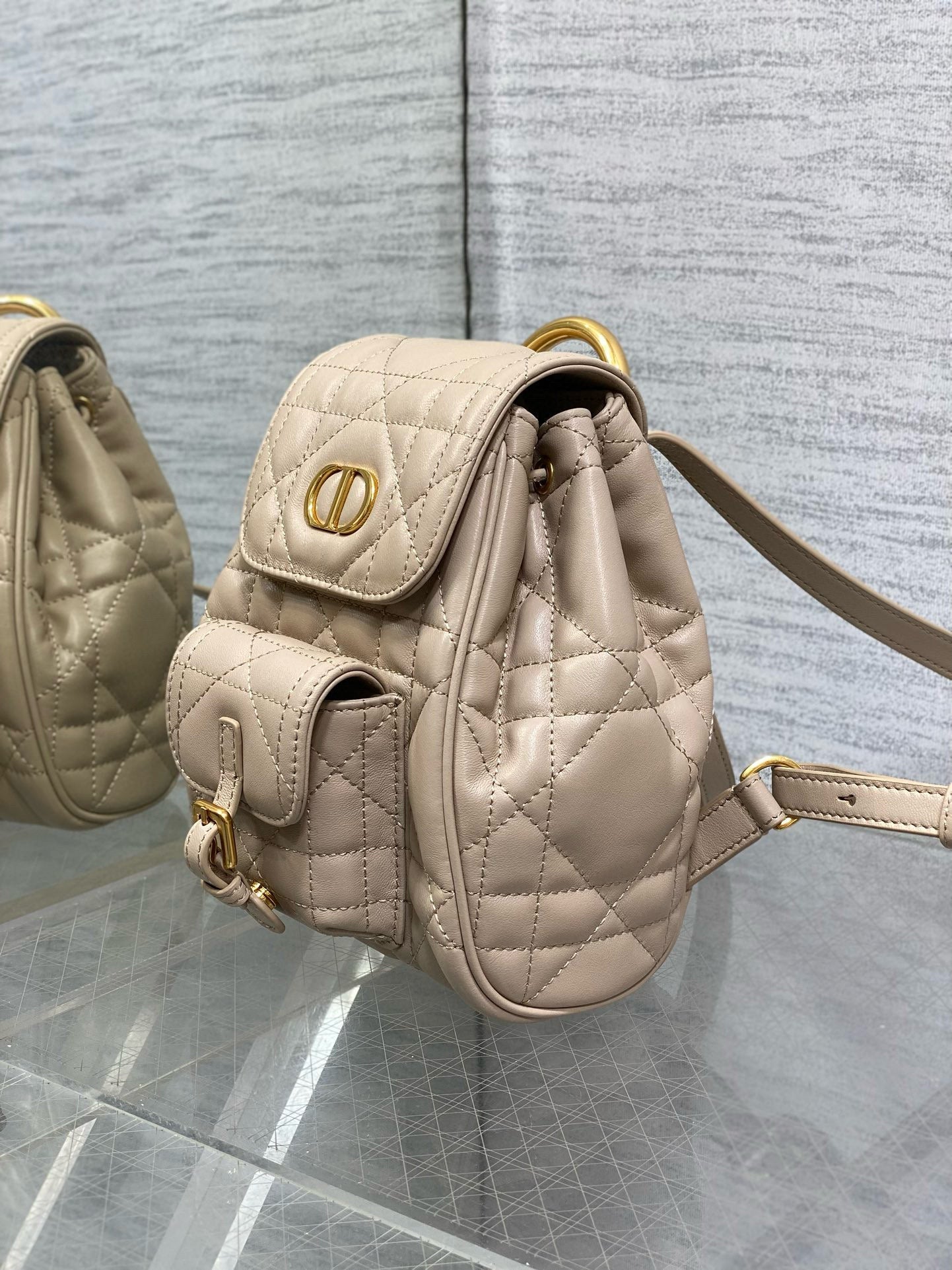 Small CD Caro Blackpack 18cm Powder Beige Macrocannage Lambskin